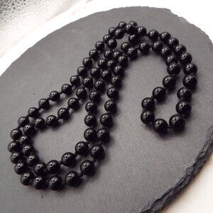 POLISHED 6.35 MM BLACK ONYX STONE KNOTTED BEADS 30" L. OPERA BEAD NECKLACE D1